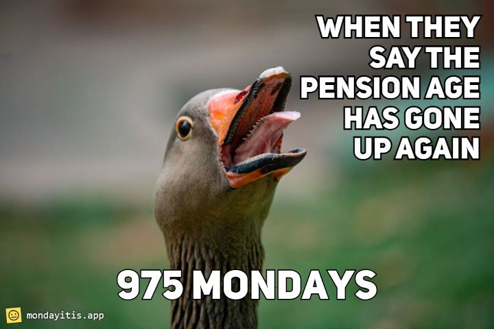 A goose mid-honk, beak wide open, captioned "When they say the pension age has gone up again", with 975 Mondays printed on it