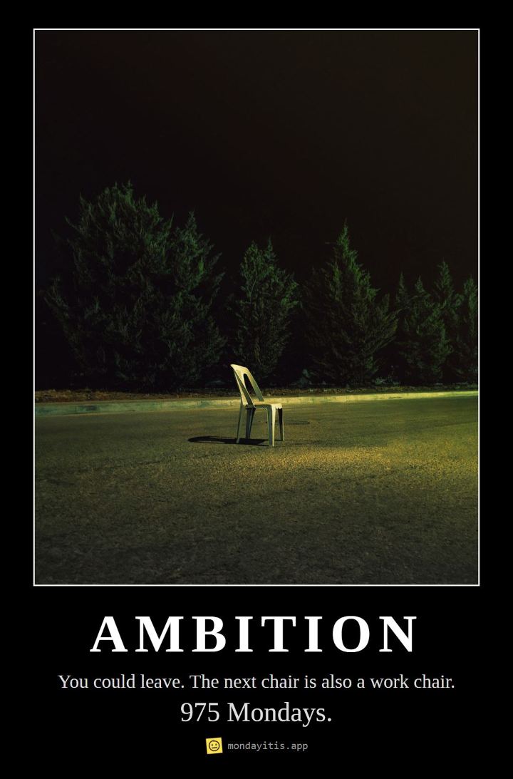 An empty office chair in a motivational poster frame, captioned "AMBITION: You could leave. The next chair is also a work chair.", with 975 Mondays printed on it