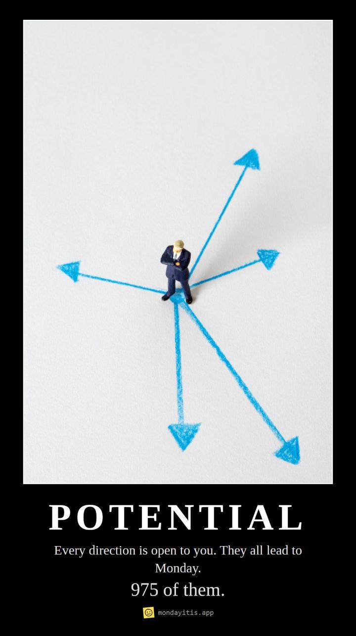 A man in a suit at a crossroads in a motivational poster frame, captioned "POTENTIAL: Every direction is open to you. They all lead to Monday.", with 975 Mondays printed on it